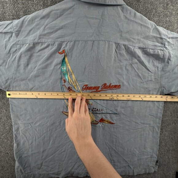 Tommy Bahama Sails Call Hula Girl Embroidered Hawaiian Shirt Blue 2XL Silk Adult - Picture 7 of 16